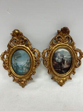 Vintage pair of ornate 8 x 5.5 gilt frame Italian senes mini pictures